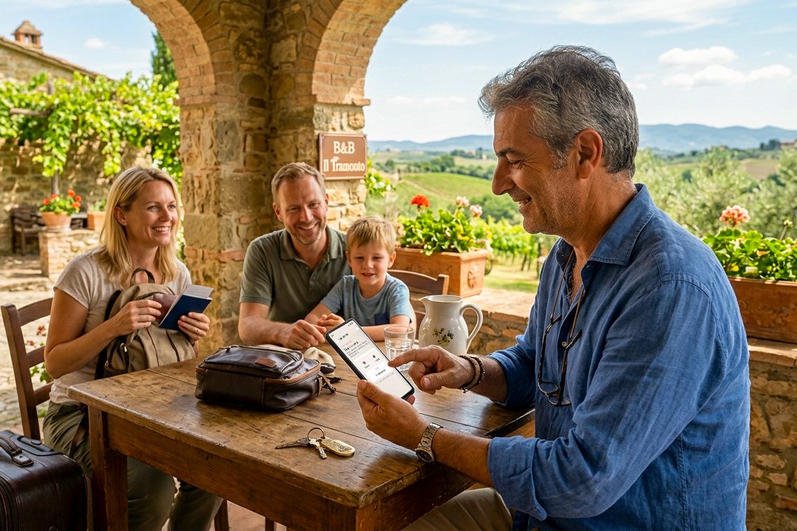 Host accoglie sorridente una famiglia nella sua struttura in Toscana