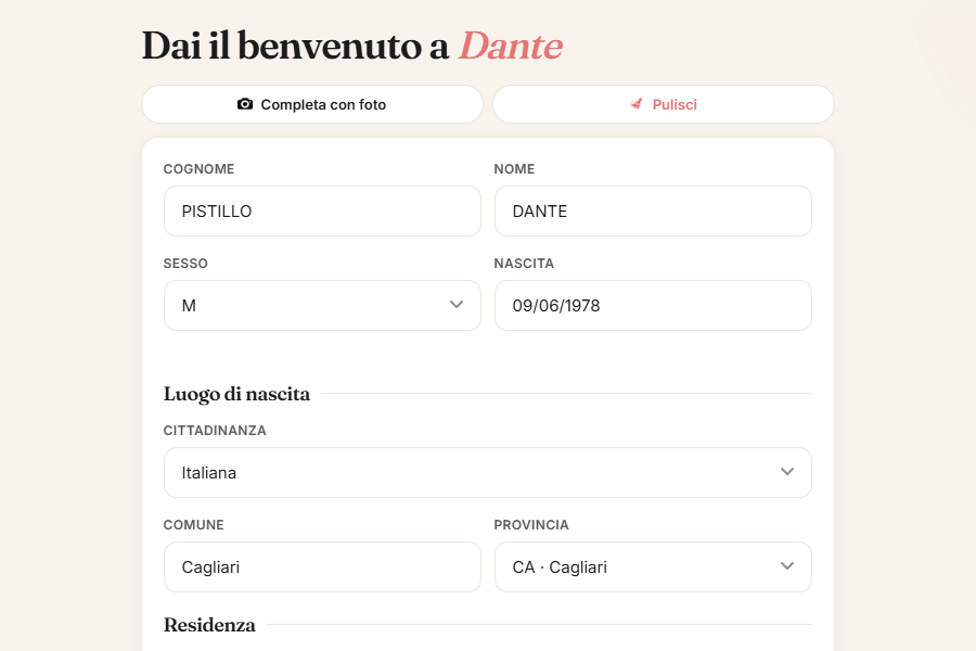 Scheda ospite compilata automaticamente dall'AI