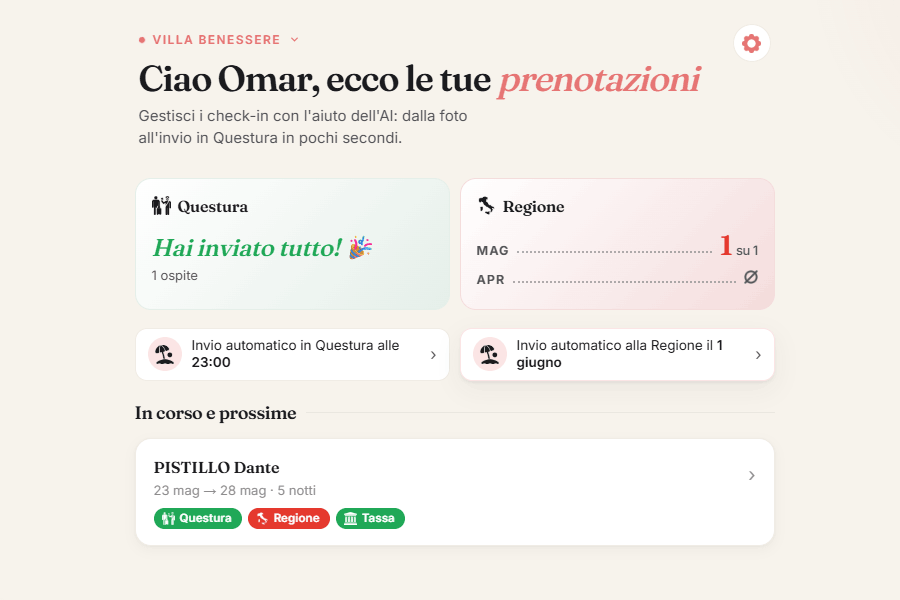 Conferma di invio dati a Questura e Regione